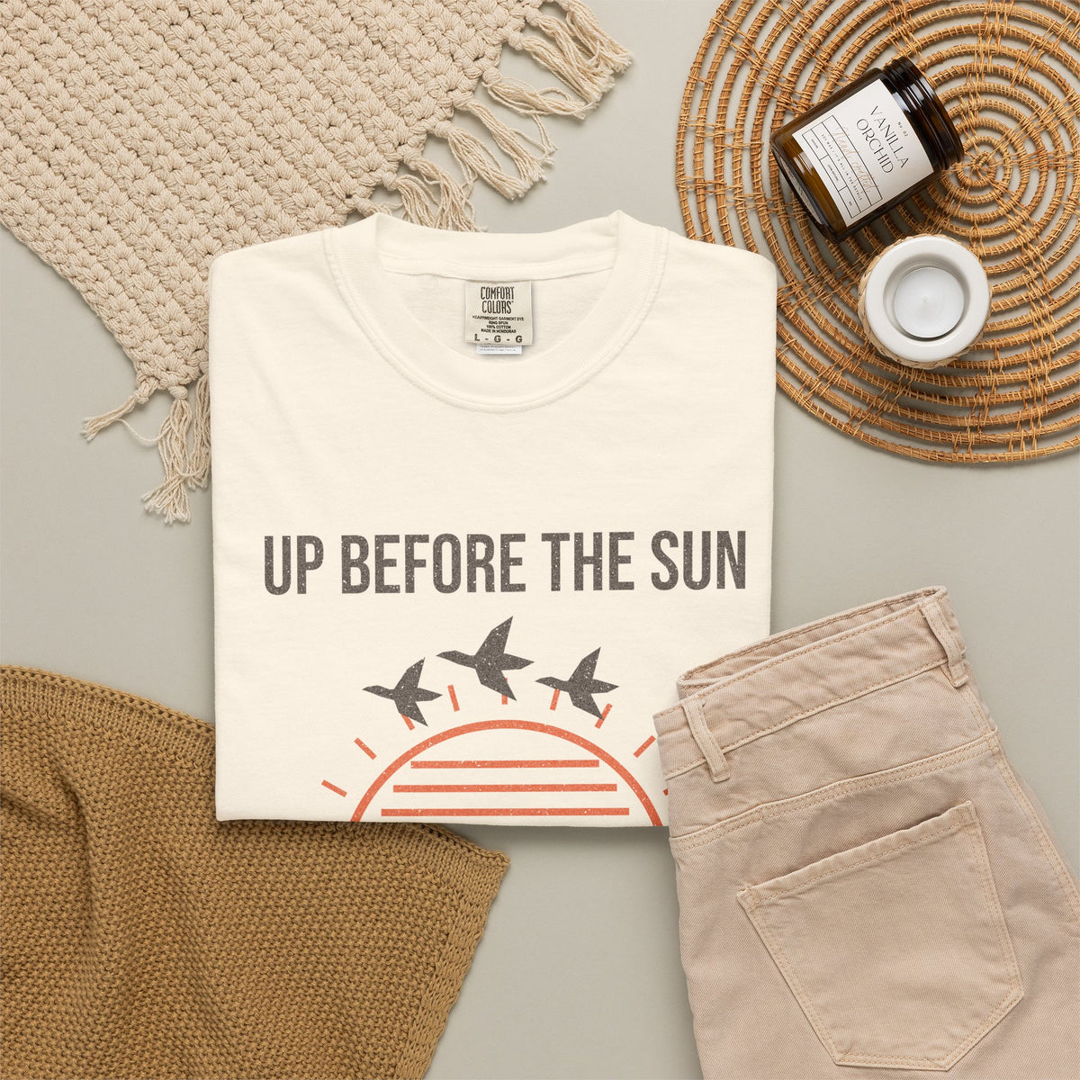 Up Before the Sun, Home After Dark Tee - Ivory lifestyle | Hook & Hunt Co.