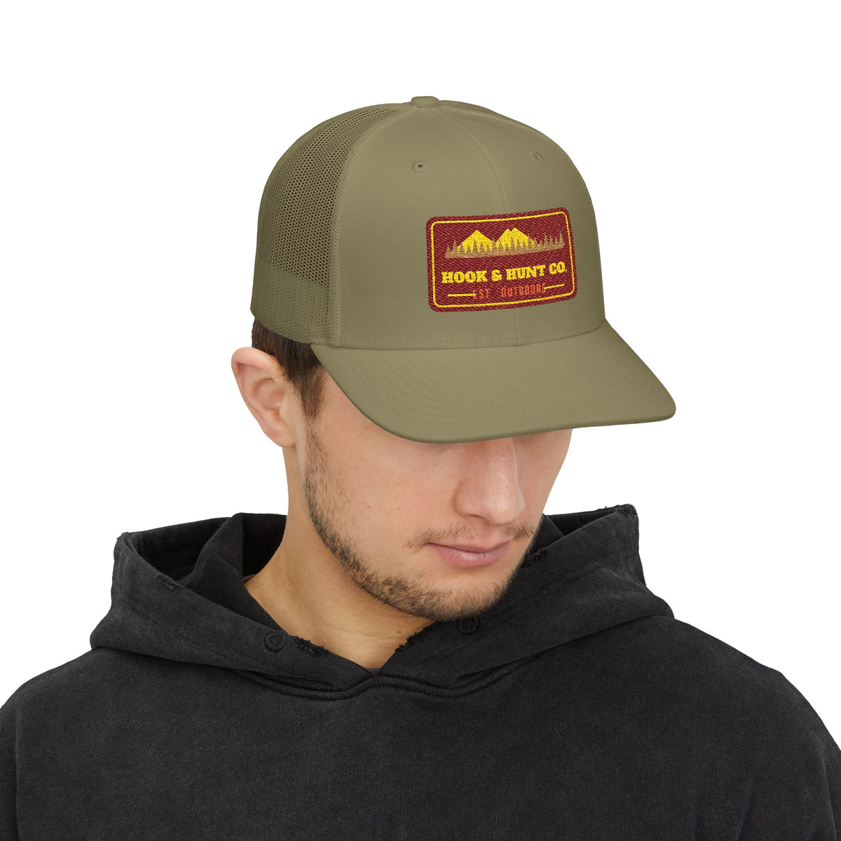 Hook & Hunt Co. Patch Trucker Hat - Loden lifestyle front | Hook & Hunt Co.